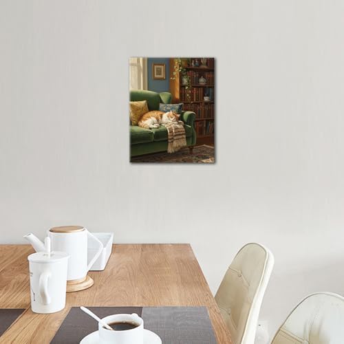 TUMOVO Adults Paint by Numbers Kit Cozy Sleeping Cat on Green Couch Paint by Numbers for Beginners Relaxing Home Interior Scene with Bookshelf DIY Canvas Art Acrylic Paints and Brushes 16x20 Inch - Image 2