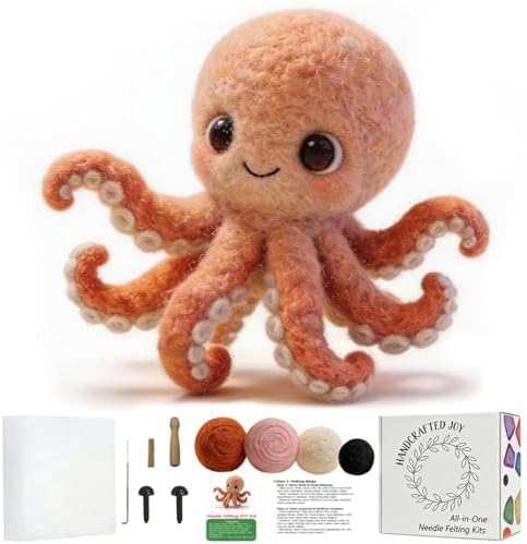 DIY Needle Felting Kit Cute Pink Octopus – Needle Felting Starter Kit with Fiber Roving, Needles, Felting Pad & Instructions | Felted Ocean Animal Kit for Beginners Adults | DIY Craft Gift by FaceNFace