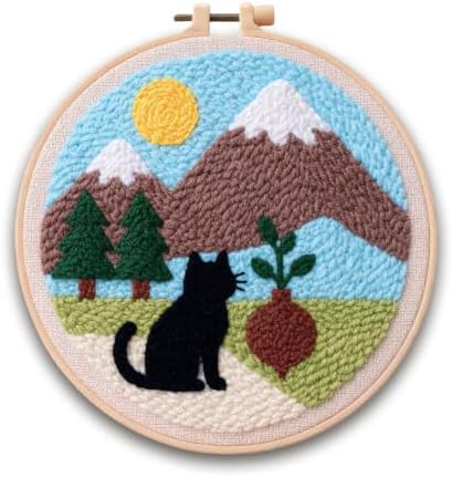 HYINUS DIY Punch Needle Kit for Beginners, All-in-One Embroidery Starter Set for Adults & Teens with Pre-Stamped Fabric, Soft Yarn & Adjustable 7.87IN Hoop for Wall Art & Home Decor Craft (Black Cat) by HYINUS