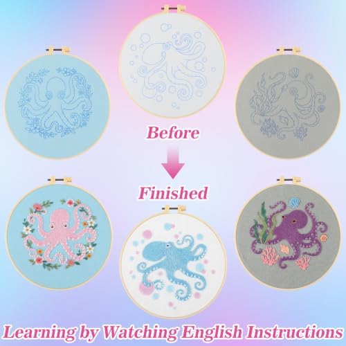 Mindsoft 3 Set Needlepoint Kit for Beginners with Hoop,Octopus - Image 4