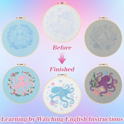 Mindsoft 3 Set Needlepoint Kit for Beginners with Hoop,Octopus - Image 4