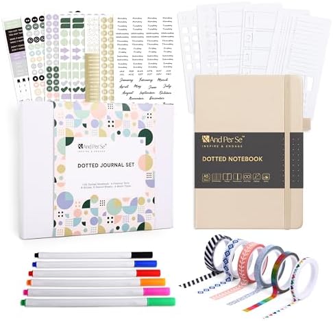 &And Per Se Dotted Journal Kit, A5 Hardcover Dot Grid Journal Notebook Set for Beginners with Journaling Supplies Stencils, Stickers, Washi Tapes & Colored Pens Accessories (Light Apricot) by AndPerSe