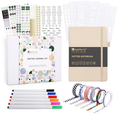 &And Per Se Dotted Journal Kit, A5 Hardcover Dot Grid Journal Notebook Set for Beginners with Journaling Supplies Stencils, Stickers, Washi Tapes & Colored Pens Accessories (Light Apricot) by AndPerSe