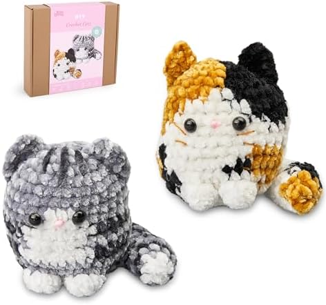 HOUSE CREATIVITY Chenille Crochet Kit for Beginners, Make 2 Ultra-Soft Cat Plushies, Amigurumi Crochet Starter Kit with Video Tutorial, Plush DIY Craft Kit with Chenille Yarn, Hook, Eyes & Stuffing by HouseCreativity