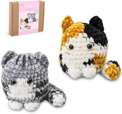 HOUSE CREATIVITY Chenille Crochet Kit for Beginners, Make 2 Ultra-Soft Cat Plushies, Amigurumi Crochet Starter Kit with Video Tutorial, Plush DIY Craft Kit with Chenille Yarn, Hook, Eyes & Stuffing by HouseCreativity