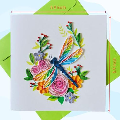 Quilling Cards, handmade card, quilled cards with Dedicated Paper, quilling birthday cards for women or all occasions: Mother's day, Greeting card, Birthday... daisy bouquet (Flowers with dragonfly) - Image 6