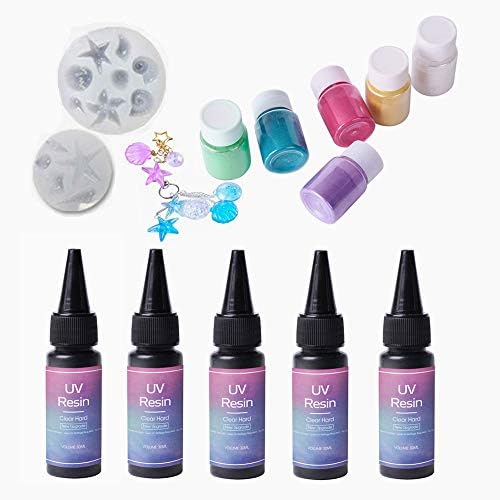 Small Package 5x30ml UV Resin Crystal Clear Newest Upgrade Formula Fast Curing, with 2 Molds Oceanic Patterns for DIY Pendants Crafts for Children, with 6pcs Pearlescent Metallic Pigment Powder by VidaRosa
