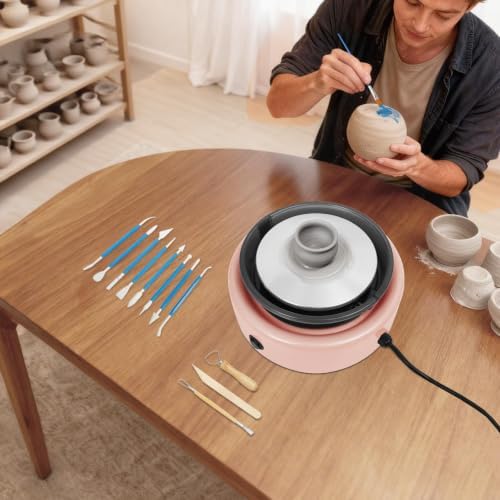Mini Pottery Wheel Machine Complete Set, Ceramic Machine with Pedal Speed 0-160rpm, Splash-Proof Bowl, Low Noise, Removable Turntable and Splash Guard Bowl for Home Craft Room Pink - Image 6