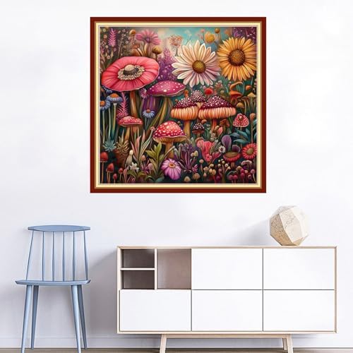 Joyhoor Cross Stitch Kits for Beginners Stamped Cross-Stitch Supplies Needlework preprint Embroidery Kits for Adults DIY Needlepoint Kits Embroidery Patterns 11CT-Colorful Mushroom Flowers 18x18 inchs - Image 2