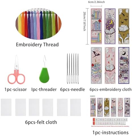 6PCS Cross Stitch Bookmark Kit for Adult Beginners Book Cross Stitch Kits with Backing Felt Floss Instruction DIY Stamped Embroidery Bookmark Kit for Starter Adults Book Lovers (2.3x7.8 inch) - Image 2