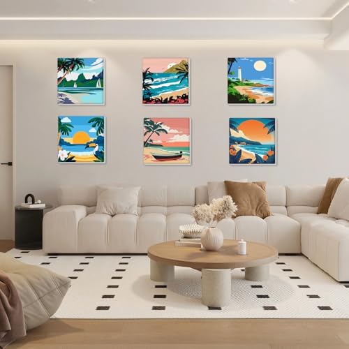 Bowetile 6 Pack Landscape Paint by Numbers for Adults Beginners Framed, Easy Adult Paint by Number Kits on Canvas, Acrylic Painting for Home Decor, 8x8in - Image 2
