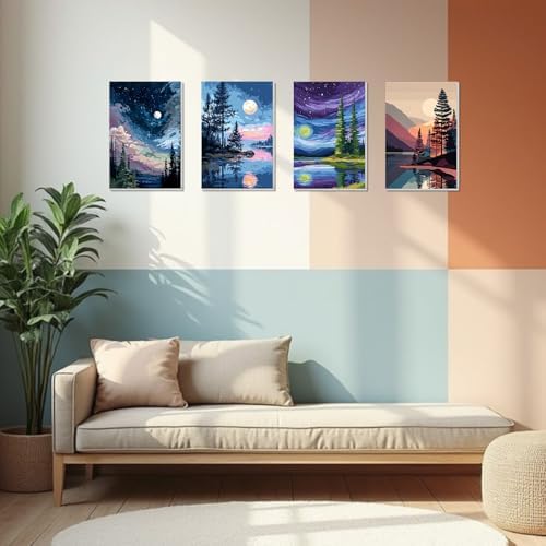 4 Pack Framed Paint By Numbers Kit for Adults Beginner Starry Night Adult Paint By Number Kits on Canvas Landscape Painting By Numbers for Adults with Frame Diy Painting Kits for Home Wall Art 8x12 In - Image 4