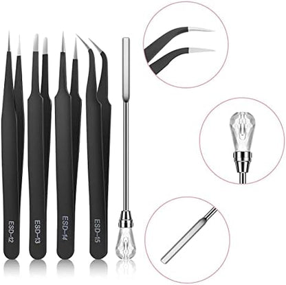 11 Pcs Silicone Resin Mold Tools Set Stirring Needle Spoon Tool Tweezers Precision Kit, Anti-Static Electronics Tweezers Set for Resin Art Crafts,Jewelry Making(Rose Red+White) - Image 3