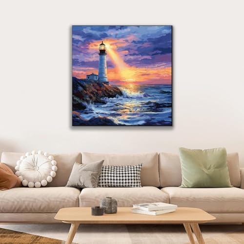 JUJUHOOD Sunset Lighthous Framed Paint by Numbers Kit for Adults Beginner & Kids Ages 8-12,Seaside Paint by Number Without Easel,Paint by Numbers for Gift Home Wall Decor (10x10Inch) - Image 2