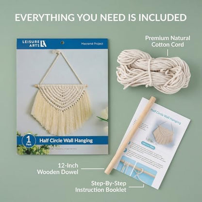 LEISURE ARTS Macrame Half Circle Wall Hanging Kit, Beginner Macrame Kit with Wooden Dowel Cord and Instructions, Diagonal Half Stitch Lark Head Knots, Natural Finish Fringe Tassel - Image 4