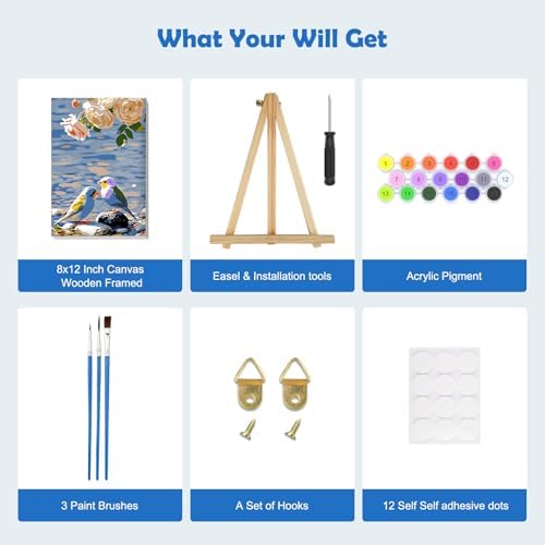 MOGTAA Paint by Numbers Kit for Adults with Frame, Birds Paint by Number Canvas, Flowers Scenery Paint by Numbers with Easel, DIY Animal Oil Painting Kit for Home Wall Decor 8 x 12 Inch - Image 5