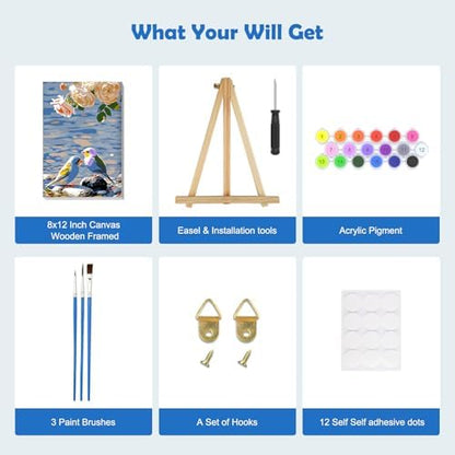 MOGTAA Paint by Numbers Kit for Adults with Frame, Birds Paint by Number Canvas, Flowers Scenery Paint by Numbers with Easel, DIY Animal Oil Painting Kit for Home Wall Decor 8 x 12 Inch - Image 5