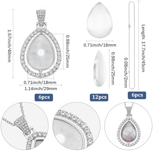 24Pcs 6 Sets Pendant Tray Set Teardrop Bezel Pendant Trays with Glass Cabochons and Chain Rhinestone Rotatable Double Sided Bezel Charms for Jewelry Making Supplies Necklace Gift Adults - Image 2