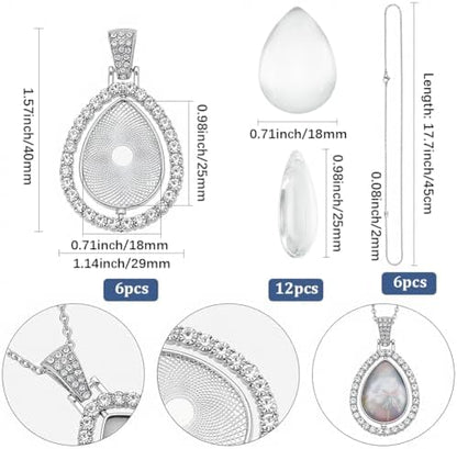 24Pcs 6 Sets Pendant Tray Set Teardrop Bezel Pendant Trays with Glass Cabochons and Chain Rhinestone Rotatable Double Sided Bezel Charms for Jewelry Making Supplies Necklace Gift Adults - Image 2