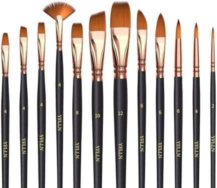 Artist Paint Brush Set，Assorted Shapes & Sizes for Acrylic, Watercolor, Oil, and Gouache, Perfect Artist Brushes for Kids, Adults Fabulous for Canvas & Fabric - for Beginners and Professionals (12) by Unknown