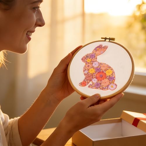 Easter Embroidery Kits for Beginners Adults, Flowers Bunny Embroidery Kits, Hand Stamped Cross Stitch Kits for Beginners Adults & Women Easter Gifts, Entire Set of Embroidery Supplies & Video Tutorial - Image 3