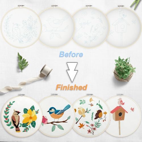 Bonroy 4 Sets Embroidery Set for Beginners, Art Craft, Easy Sewing, Includes Embroidery Clothing, Pattern, Embroidery Hoop, Instruction Manual, Colorful Thread Needles Set (6 Pieces) - Image 3