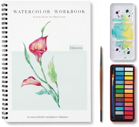 Rurolo Watercolor Workbook for Adults & Beginners - Spiral Bound Kit with 24 Paint Colors, Brushes & 300GSM Paper - Step-by-Step Flower Painting Guide for Stress Relief & Relaxation (6.5x9) by Rurolo