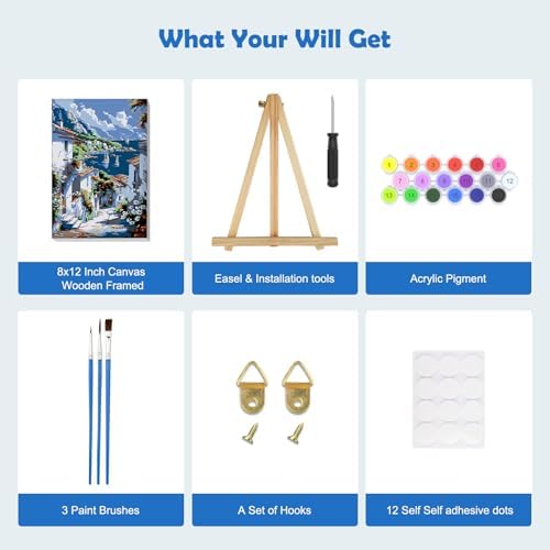 MOGTAA Coastal Town Paint by Numbers Kit for Adults Beginners with Frame, Mountains and Sea Adult Paint by Number Kits on Canvas with Easel, Easy DIY Oil Painting Kits for Home Decor, 8x12in - Image 5