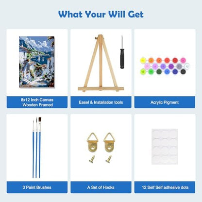 MOGTAA Coastal Town Paint by Numbers Kit for Adults Beginners with Frame, Mountains and Sea Adult Paint by Number Kits on Canvas with Easel, Easy DIY Oil Painting Kits for Home Decor, 8x12in - Image 5