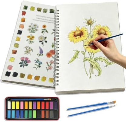 Watercolor Workbook, Water Coloring Book with 12 Different Flowers Designs, 24 Colors Watercolor Paint Set for Beginners Adults by Unknown