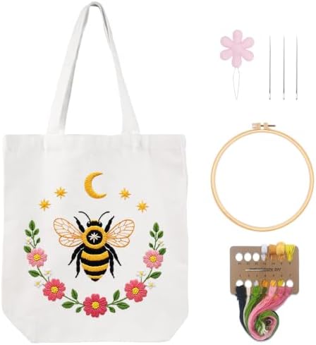 Nuberlic Embroidery Tote Bag Kit for Beginners with Bee Floral Pattern by Nuberlic