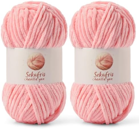 Chenille Blanket Yarn for Crocheting Size 5 Bulky Yarn 2 Pack Pink by Sekafris