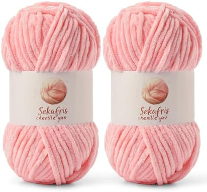 Chenille Blanket Yarn for Crocheting Size 5 Bulky Yarn 2 Pack Pink by Sekafris