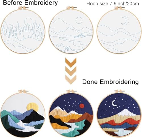 GLTAYLMY 3 Set Landscape Embroidery Kits for Beginners with Mountain Sun Moon Pattern,Adults Starter Cross Stitch Kit DIY Needlepoint Kits - Image 2