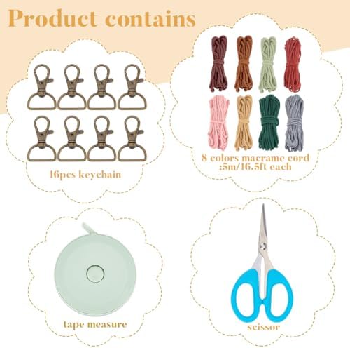 BEUNITONE 16Pcs Colorful Keychain Making Kit, Adult Boho Macrame Cord Keychain Craft Kits with DIY Keychains Macrame Supplies Kits, Key Chain Making Kit Easy Crafts for Adults Women Keychains Decor - Image 2