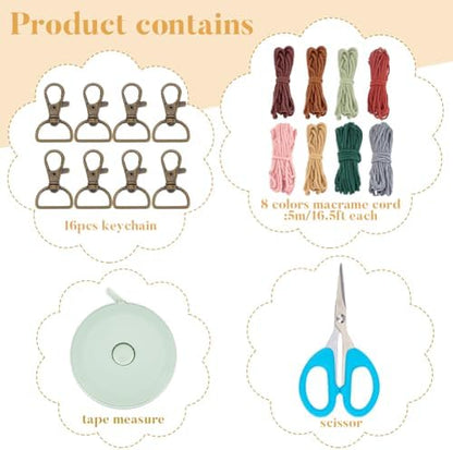 BEUNITONE 16Pcs Colorful Keychain Making Kit, Adult Boho Macrame Cord Keychain Craft Kits with DIY Keychains Macrame Supplies Kits, Key Chain Making Kit Easy Crafts for Adults Women Keychains Decor - Image 2