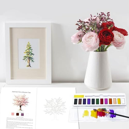 CraftyManor Watercolor Workbook Creative Fruit Water color Paint Book Set with Paints & Brush, 12 Patterns of Original DIY Designs, Beginner-Friendly Adult Coloring Books (Tree) - Image 6