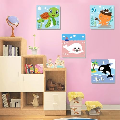 MXCFZX 6 Pack Framed Paint by Numbers Kit for Kids,Cute Sea Animals Painting Kits for Ages 4-6-12,Easy Paint by Number Kids Paint for Beginner,DIY Acrylic Oil Painting Kit for Wall Decor(8X8inch) - Image 5