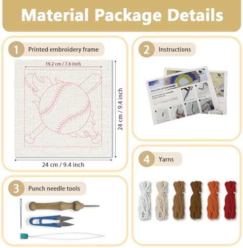 DOODLREAM White Baseball DIY Punch Needle Embroidery Kit for Adult Beginner, 9.4" Baseball Bat Sport Punch Stitching Craft Set for Starter with Frame,Fabric Pattern,Threader, Yarn, Pinch Needle - Image 2