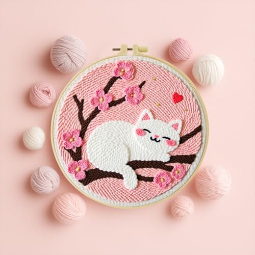 JOZYSH Punch Needle Embroidery Starter Kits for Beginners Cute Snow-White cat Curled up Comfortably on a Branch Adorned Embroidery Hoops,Color Threads,Instructions and Needles,DIY Adults Embroidery by Unknown