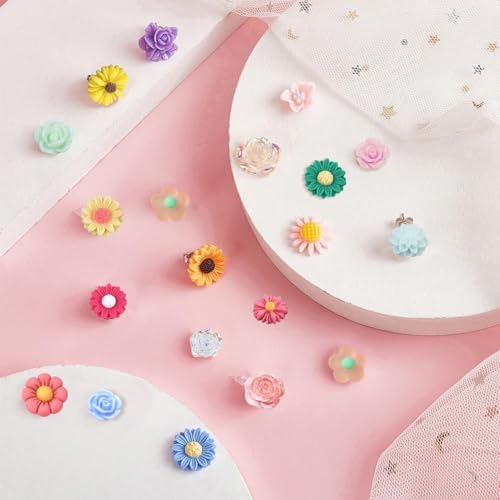 SUNNYCLUE 1 Box DIY 20 Pairs Mixed Resin Flower Flatback Cabochon Studs Earring Kit Resin Rose Daisy Charms with Stainless Steel Post for Jewelry Making Arts Craft Supplies - Image 4