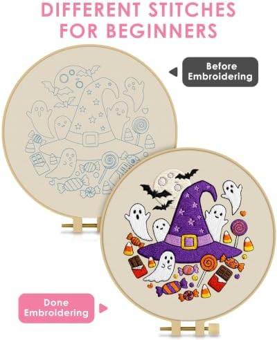 TINDTOP Halloween Embroidery Kit for Adult, Embroidery DIY Starter Kit, with Stamped Patterns, Hoop, Tools, Colorful Threads with Needles, Instructions (Halloween C) - Image 3