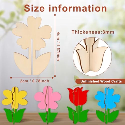 24PCS 3D Flower Spring Wood Crafts to Paint for Kids Adults, 4 Styles Unfinished Wood Crafts to Paint, Flowers Ornaments for Painting Decorations, Easy Crafts for Kids/Adults/Seniors - Image 2