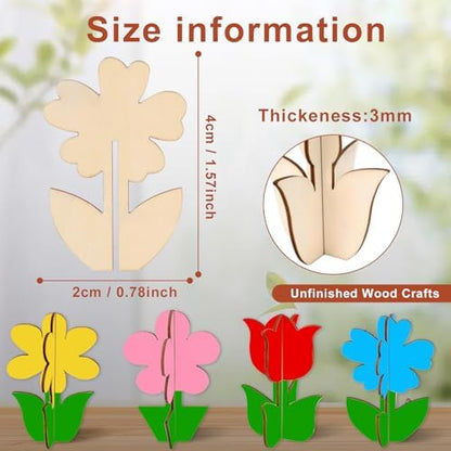 24PCS 3D Flower Spring Wood Crafts to Paint for Kids Adults, 4 Styles Unfinished Wood Crafts to Paint, Flowers Ornaments for Painting Decorations, Easy Crafts for Kids/Adults/Seniors - Image 2