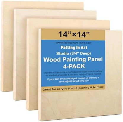 Falling in Art 4 Pack 14x14’’ Unfinished Birch Wood Panels Kit for Painting by FallinginArt