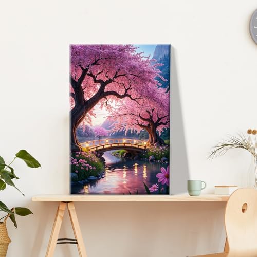 JOOZ Paint by Numbers Kit for Adults with Frame Sakura Paint by Number with Easel Tree Adult Paint by Number Kits Framed Canvas Mountain Waterfall Oil Painting Kits for Gift Home Wall Decor 8x12 Inch - Image 2