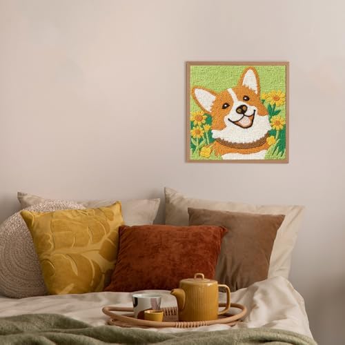 Doodlream Cute Corgi Dog DIY Punch Needle Embroidery Kit for Adult Beginner, 9.4" Cartoon Animal Flower Punch Stitching Craft Set for Starter with Frame,Fabric Pattern,Threader, Yarn, Pinch Needle - Image 6