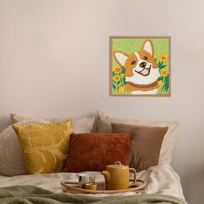 Doodlream Cute Corgi Dog DIY Punch Needle Embroidery Kit for Adult Beginner, 9.4" Cartoon Animal Flower Punch Stitching Craft Set for Starter with Frame,Fabric Pattern,Threader, Yarn, Pinch Needle - Image 6