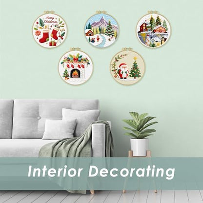ERKOON Embroidery Kit for Beginners, 5 Sets Christmas Cross Stitch Set for Adults Include Embroidery Cloth Hoops Threads for Craft Lover Hand Stitch with Skill Techniques (Christmas#1) - Image 7