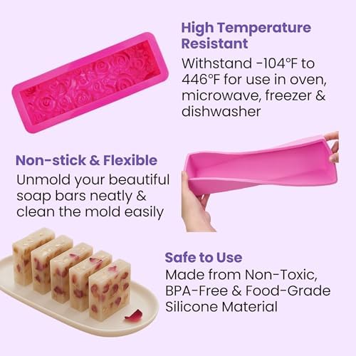 6 Pack Soap Making Silicone Loaf Molds with Wood Boxes & Cutters - 42oz Classic & Rose Loaf Molds, 2pcs Wood Mold Holders, Straight & Crinkle Slicer for Soap, DIY Soap Kit Supplies Accessories & Tools - Image 2